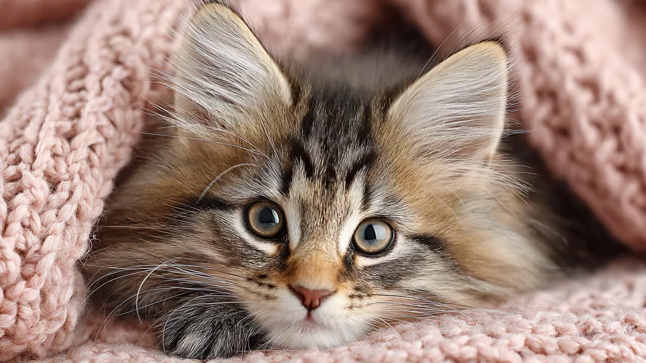 Um gatinho fofo, aconchegante e adorável, aninhado confortavelmente em um cobertor rosa macio, exalando serenidade e diversão com seus olhos brilhantes e expressivos
