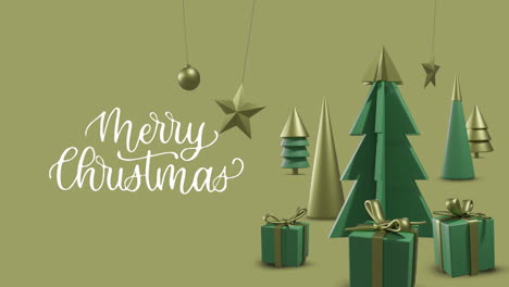 animación de texto de feliz navidad sobre decoraciones de navidad en fondo amarillo.