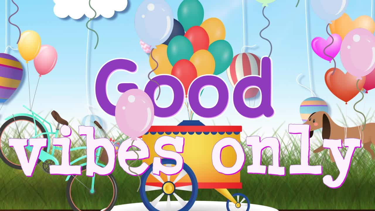 자전거, 아이스크림 카트 및 파란색에 떠다니는 풍선과 함께 단어 좋은 진동의 애니메이션