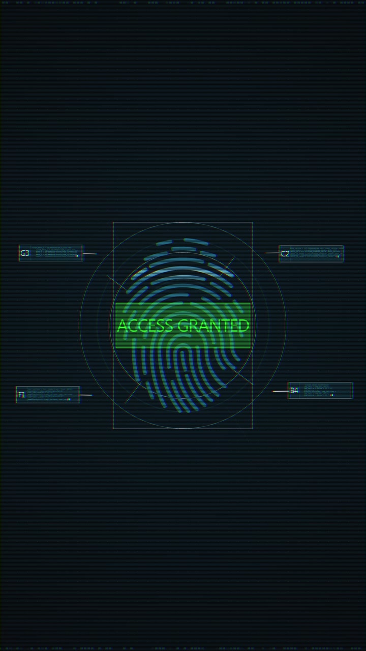 Fingerprint access granted interface with scan panels digital id markers and dark security screen