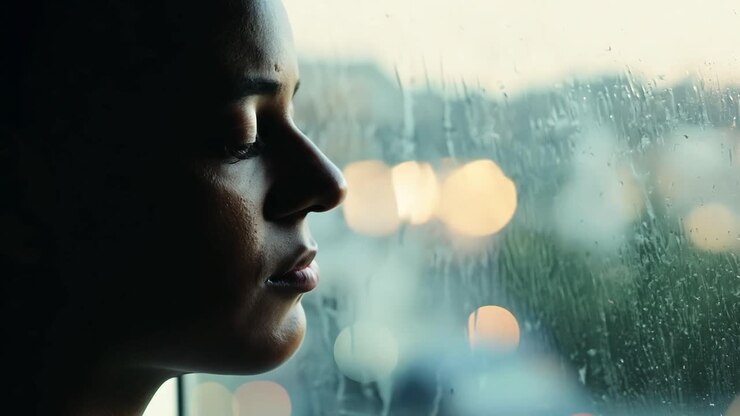 Woman looking out window at rainy city