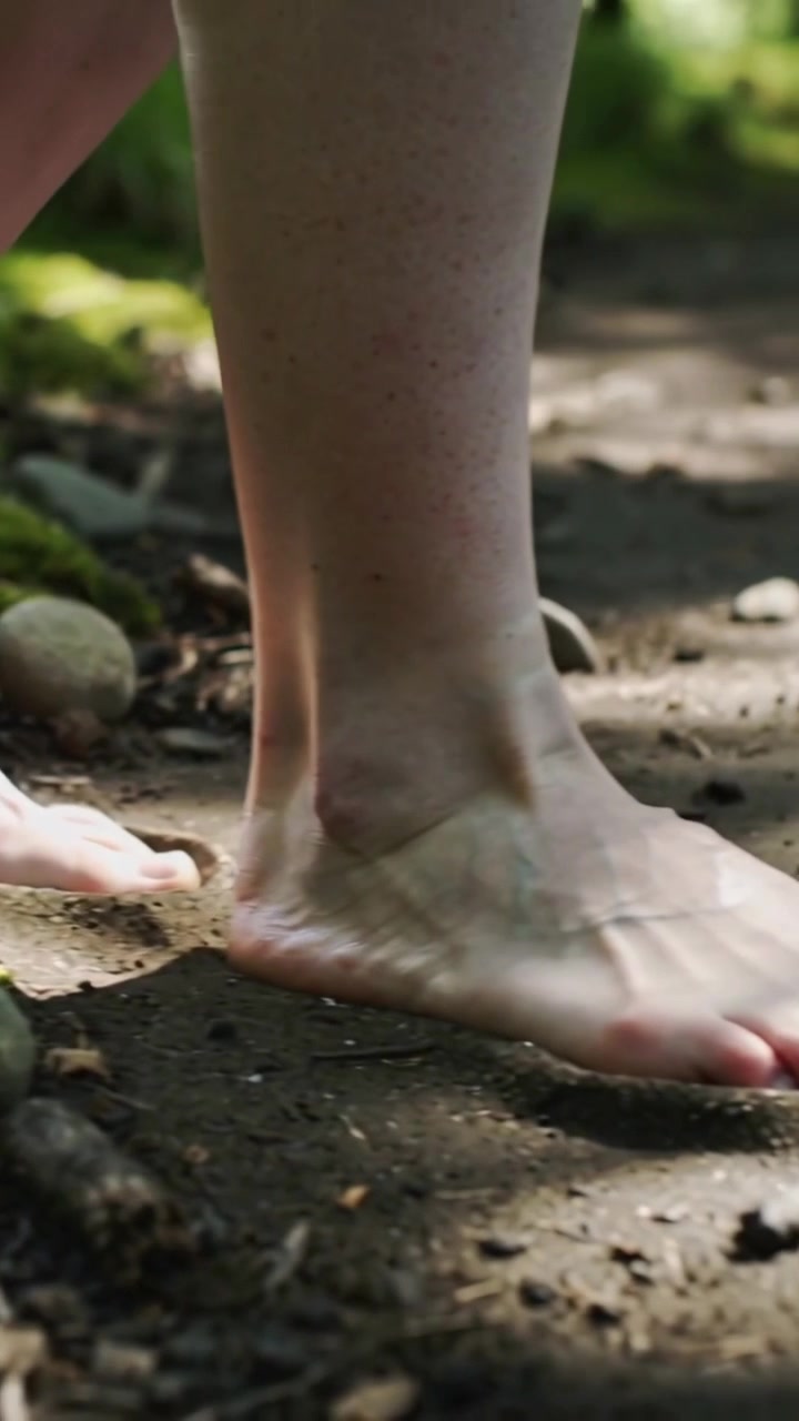 Vertical video: Heel lifting sending bare feet stepping forward on shaded path, kicking pebbles