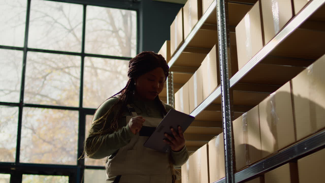Woman working in a warehouse with boxes and tablet