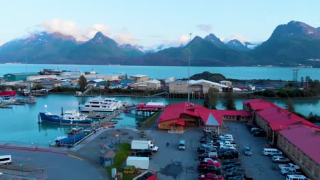 4K-Drone-Video-of-US-Coast-Guard-Station-in-Valdez-Boat-Harbor-in-Valdez,-Alaska-during-Sunny-Summer-Day