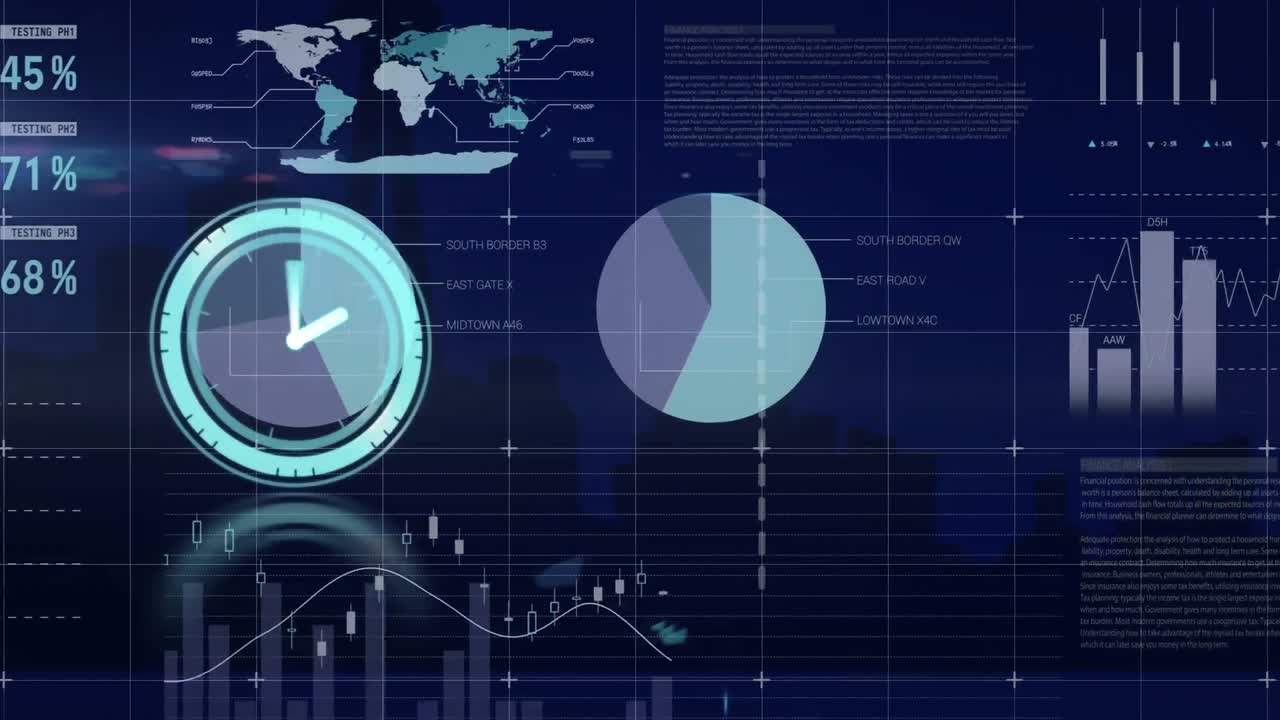 Animation of digital clock with infographic interface over digital city with night sky