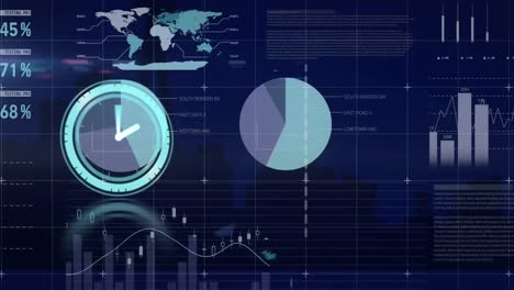 animation of digital clock with infographic interface over digital city with night sky