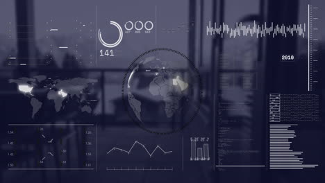 Animation-Der-Datenverarbeitung-Und-Diagramme-über-Globus-Und-Büro