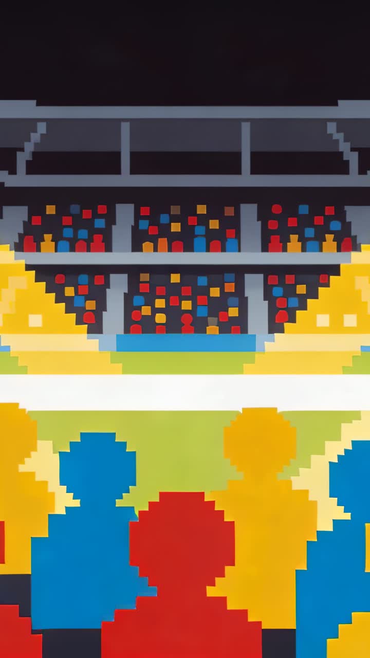Video verticale: Panoramica della telecamera che rivela figure rosse, blu e gialle nello stadio, mostrando le gradinate.