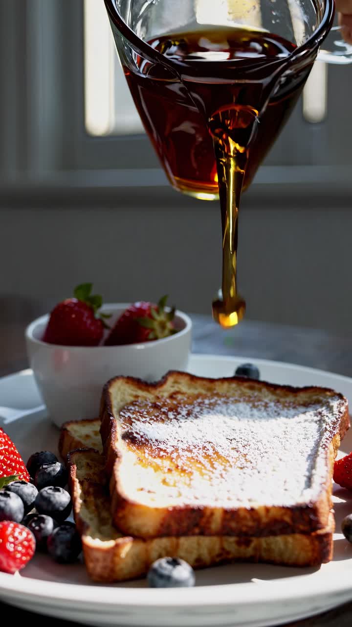 A close-up video angle captures a breakfast scene with French toast, berries, and syrup