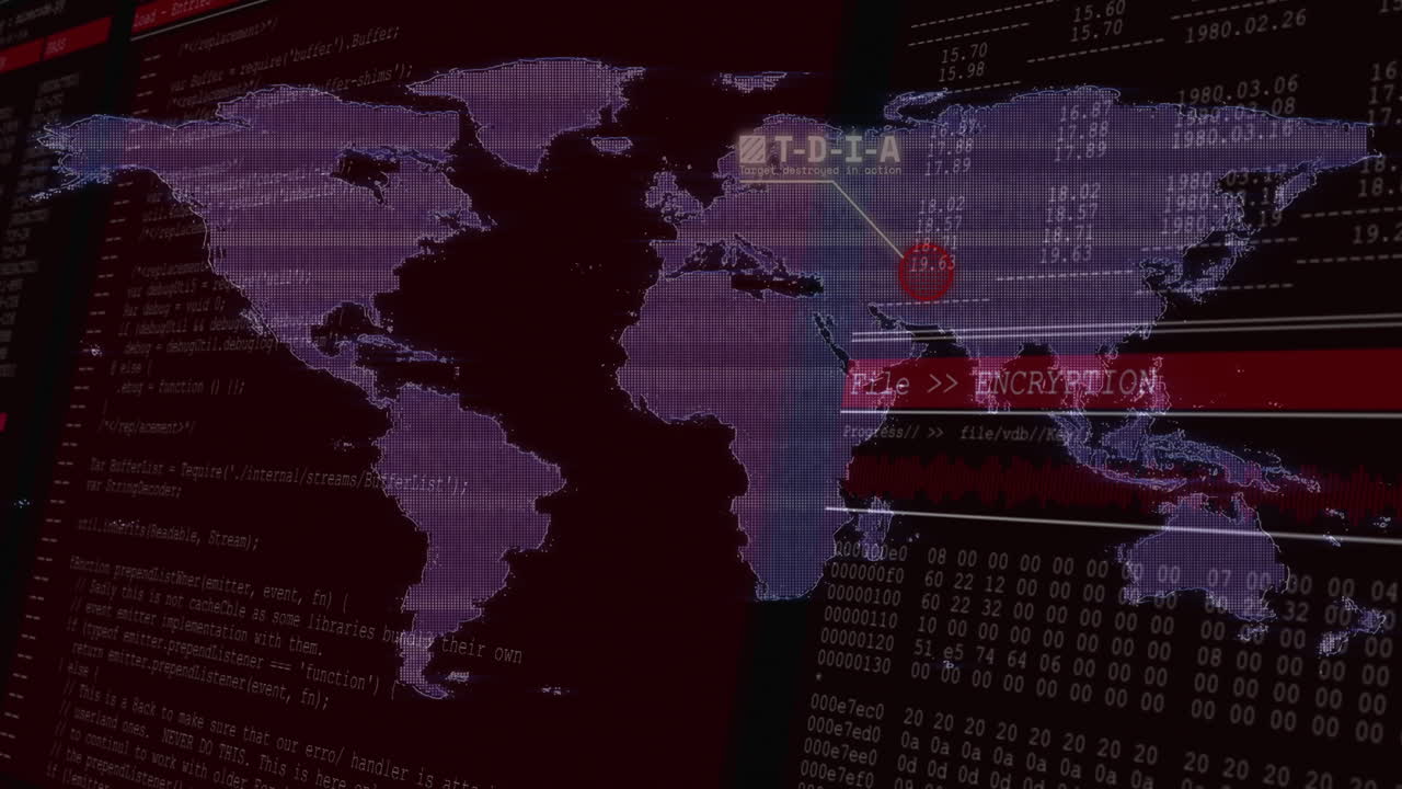 은 배경에 암호화된 데이터 처리 애니메이션을 가진 세계 지도