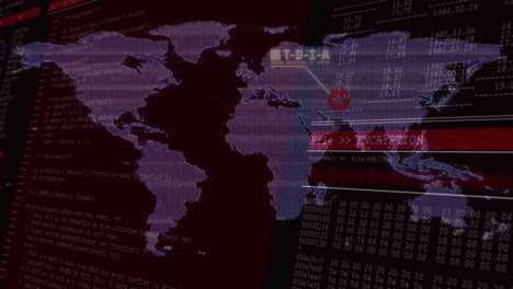mapa del mundo con animación de procesamiento de datos encriptados sobre fondo rojo