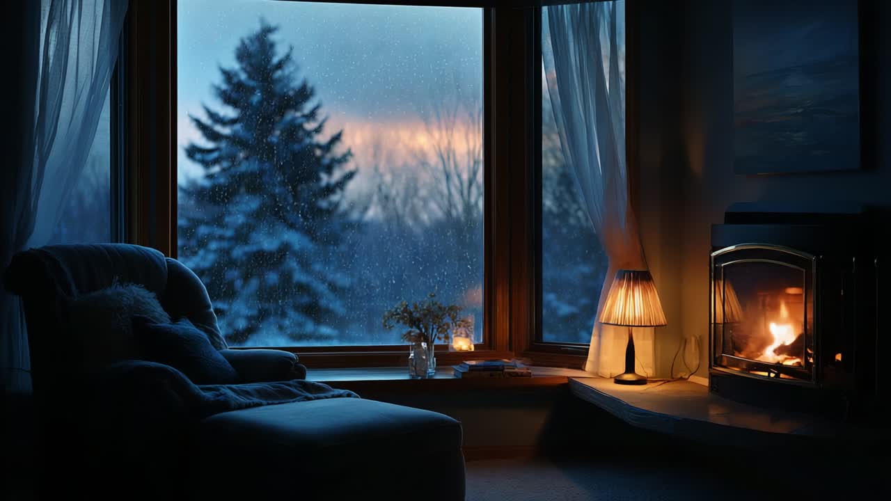 Cozy Winter Evening by the Fireside: A Tranquil Scene of Comfort Featuring a Plush Chair, Warm Glow from a Fireplace, and Snowy Landscape Outside the Window Enhancing the Serene Atmosphere