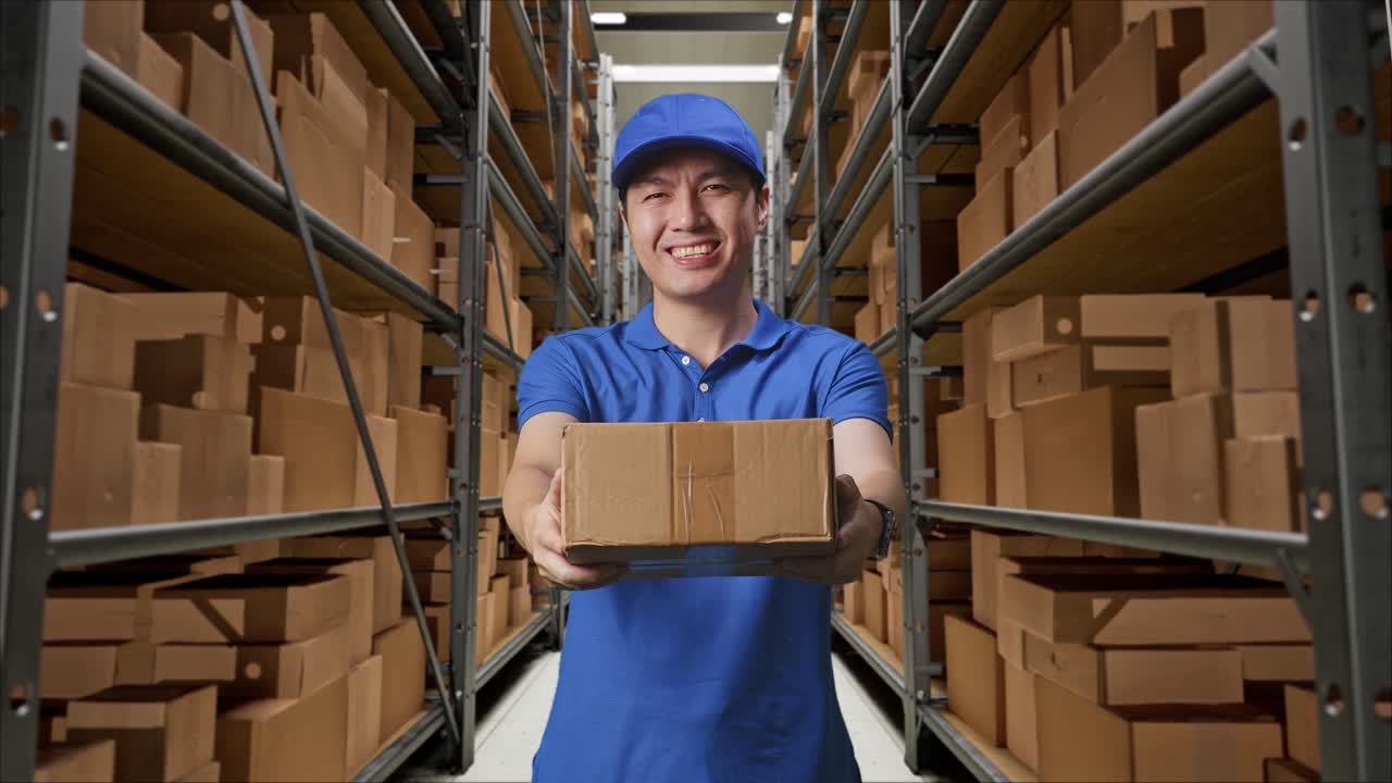 mensajero masculino asiático en uniforme azul mostrando un cartón a la cámara y sonriendo mientras lo entrega en el almacén