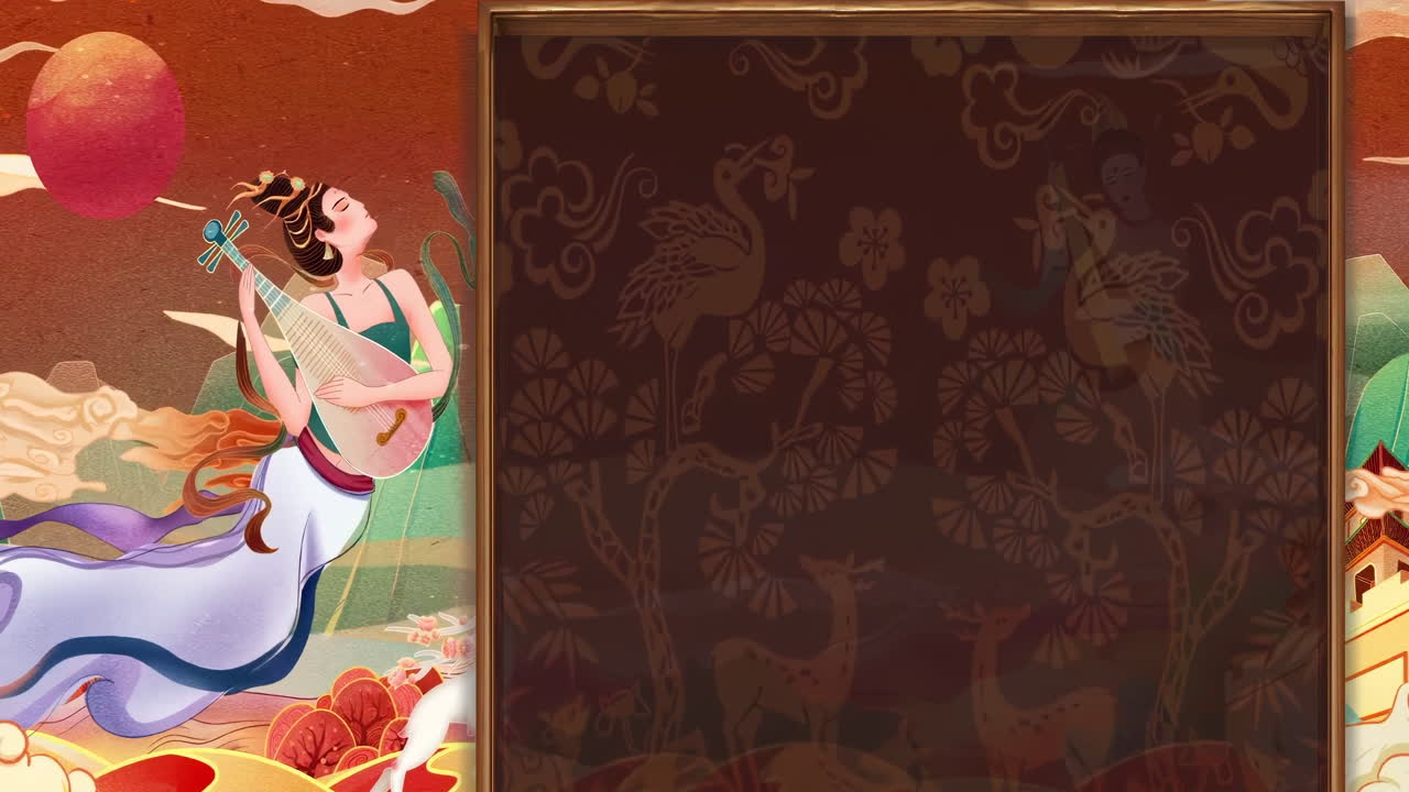 Arte tradizionale cinese raffigurante una donna che suona il Pipa con motivi mitologici.