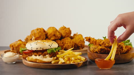 Fried Chicken, Burger, and Fries