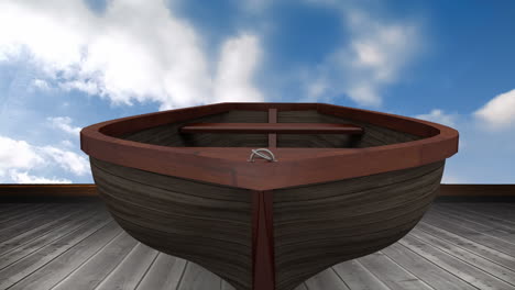 animación de un barco en superficie de madera con nubes en el cielo azul