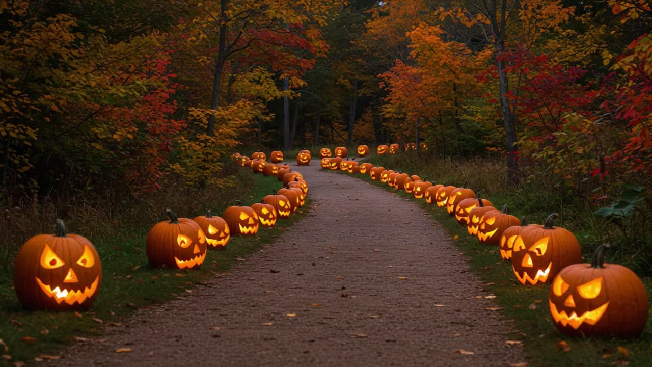 A Spooky Autumn Pathway Adorned with Glowing Jack-o'-Lanterns: Halloween Spirit Embodied in a Colorful Forest Setting