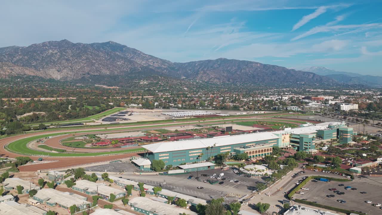 Super wide panning aerial shot of the Santa Anita Park racetrack in Arcadia, California. 4K