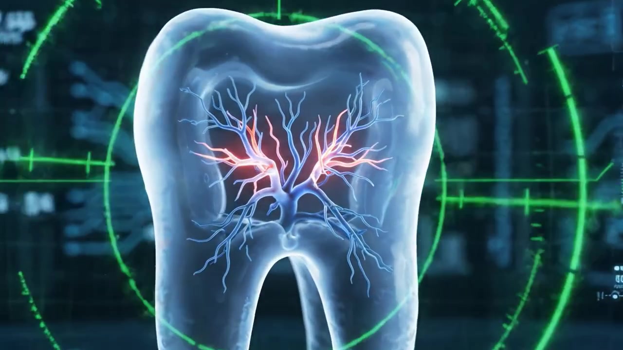 A Glowing Tooth Representation Surrounded by Digital Data and Health Metrics, Emphasizing the Intersection of Dentistry and Advanced Technology in Modern Health Management