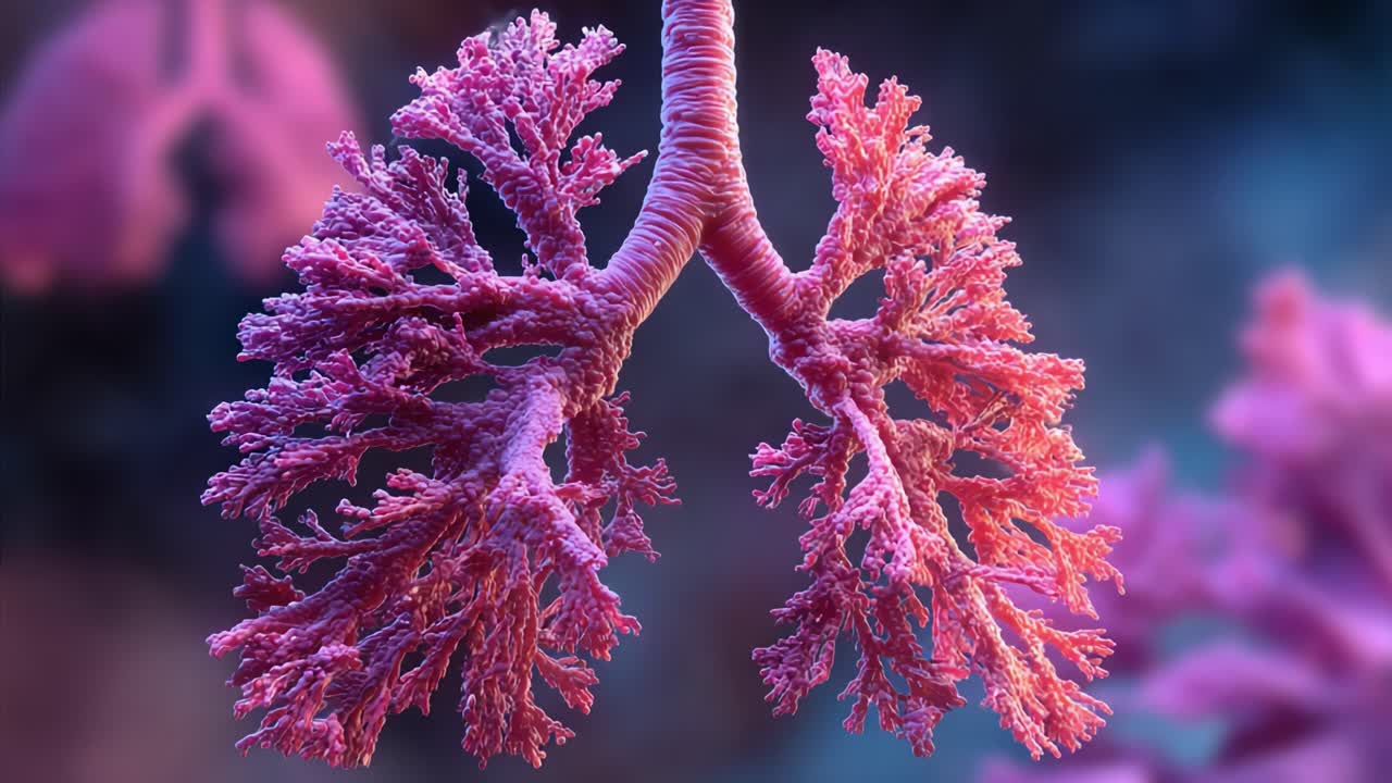 Una vista detallada del árbol bronquial humano: la intrincada estructura de los pulmones capturada en colores y texturas asombrosos, que muestra la anatomía y la funcionalidad respiratorias