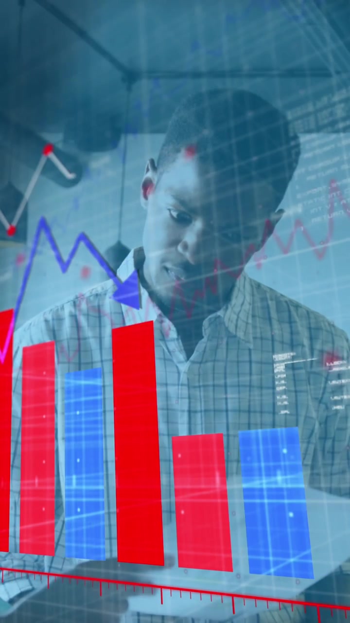 Animation of financial data processing over diverse business people working at office