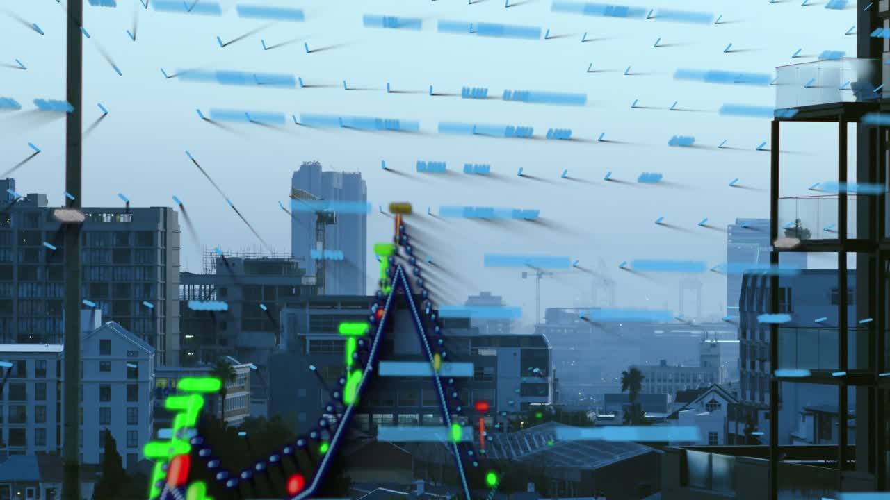 도시 풍경의 공중 전망에 대한 금융 데이터 처리 애니메이션