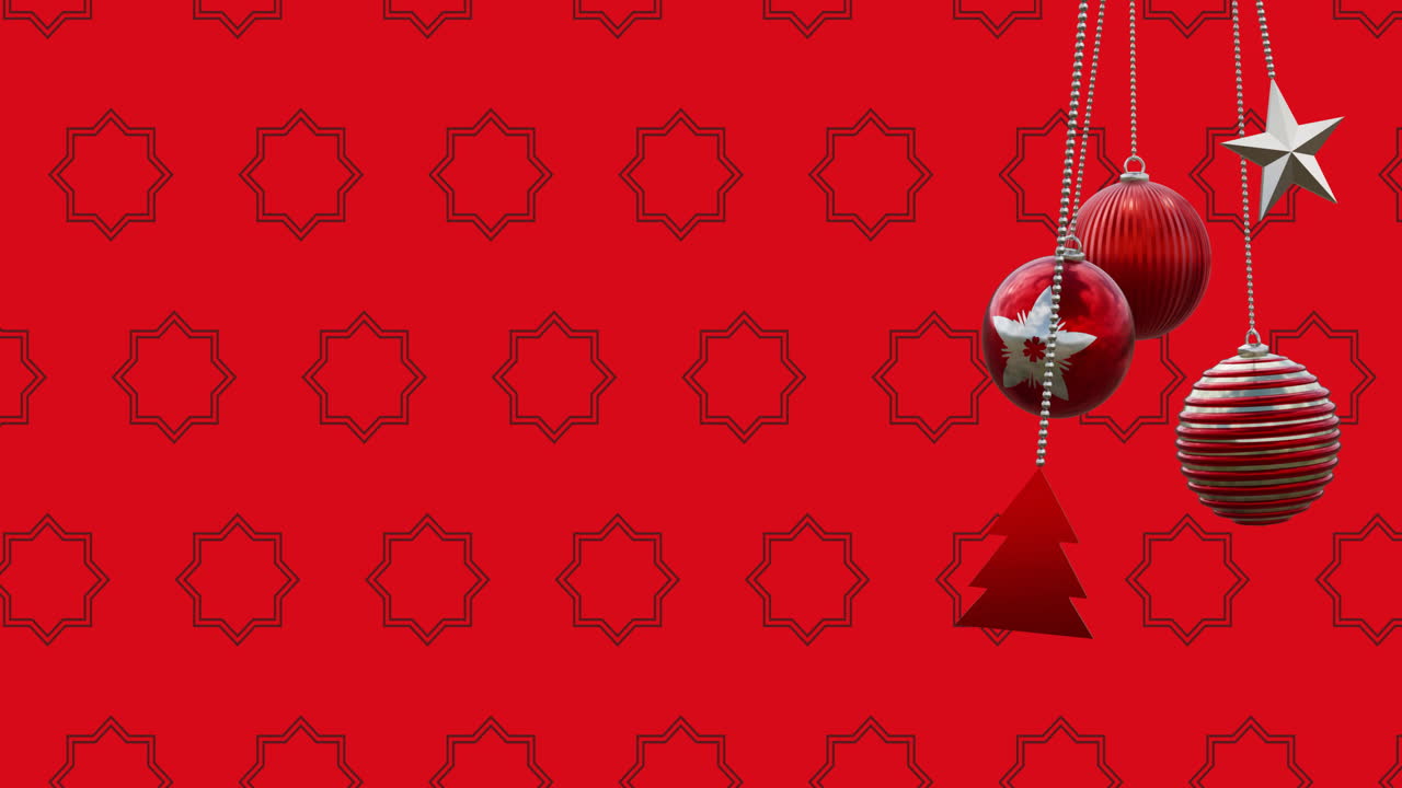 Animation of christmas baubles decorations over pattern on red background