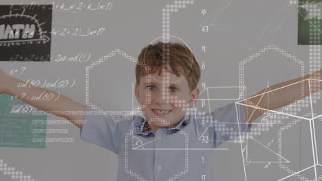 animation of maths calculations and geometry over happy caucasian schoolboy in classroom