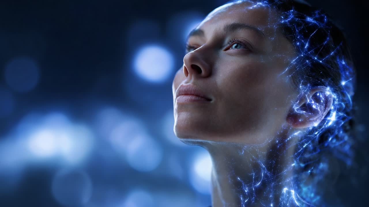 A Futuristic Representation of a Woman's Face with Glowing Neural Patterns, Symbolizing the Intersection of Technology and Humanity in a Digital Age