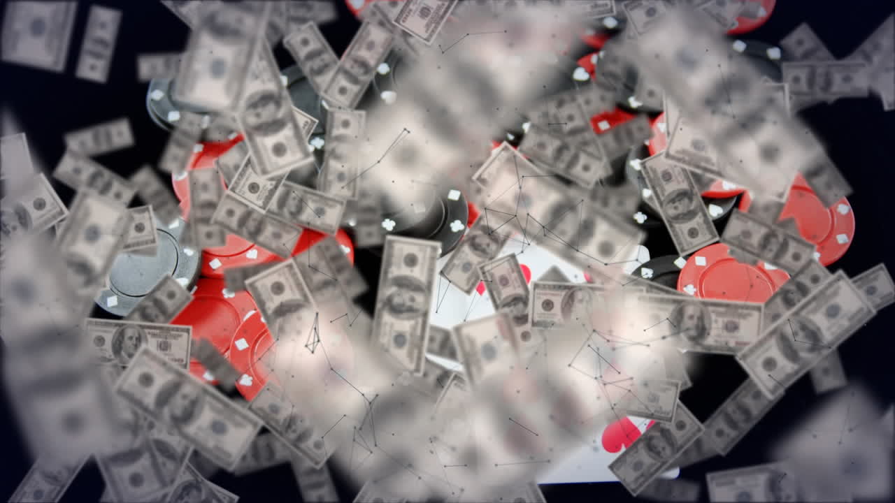 Animation de billets de dollar qui s'envolent, avec des cartes à jouer et des jetons de poker, sur fond noir
