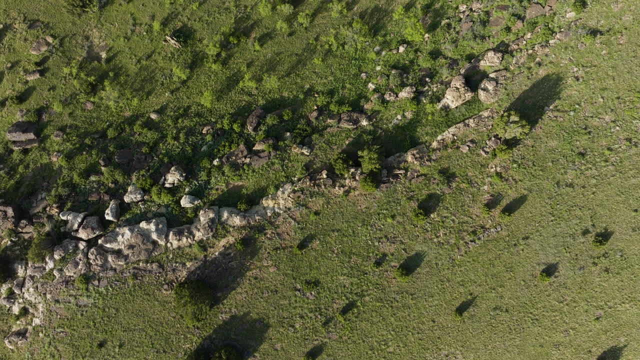Aerial View of a Rocky Hillside with Grass and Trees