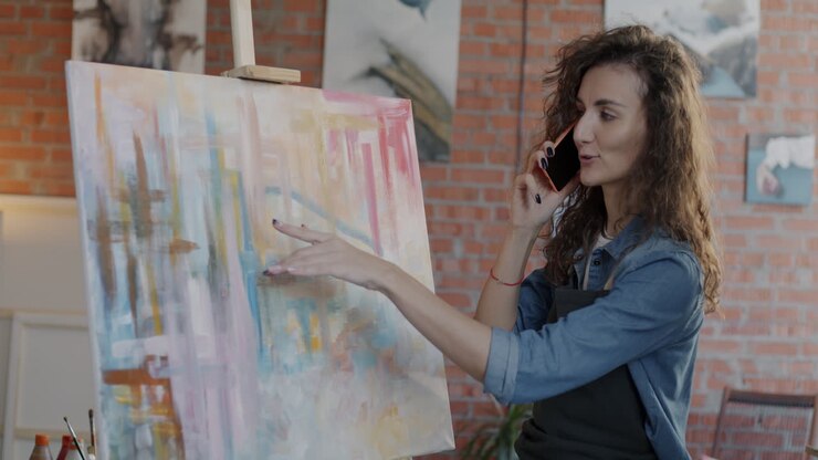 Artista che parla al telefono in uno studio d'arte