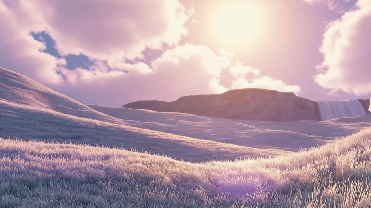 Majestic Fantasy Waterfall Landscape with Golden Skies