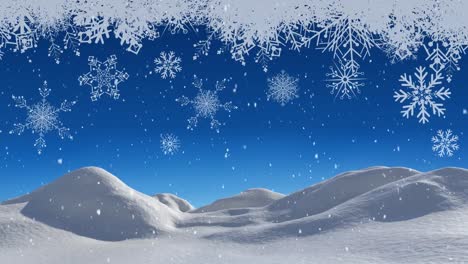 animation of snow falling over white christmas snowflakes and winter landscape with blue sky