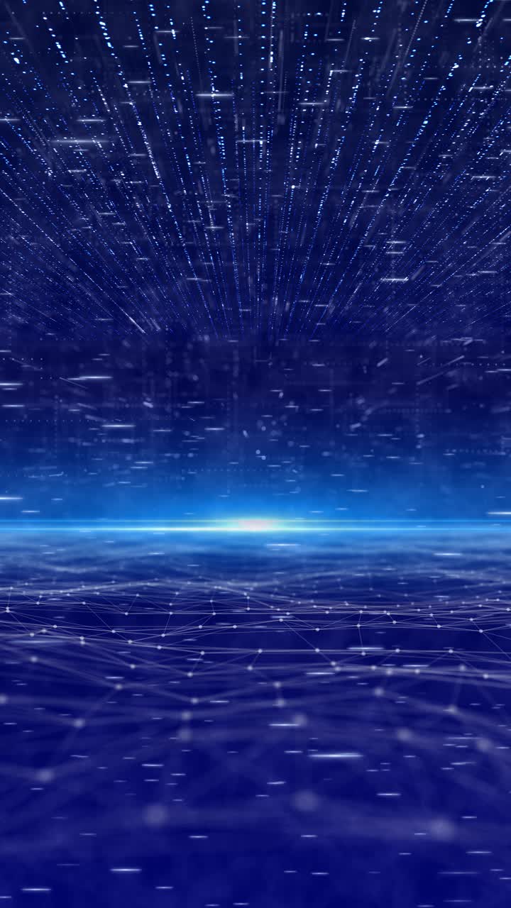 Futuristic blue plexus waves glowing moving lines digital grid flowing horizon data particles