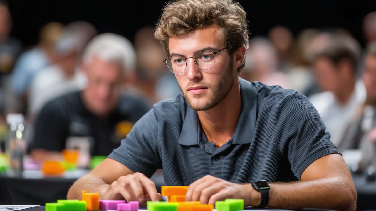 Intense Focus and Strategy: A Young Competitor Engages in a Colorful Block Stacking Challenge at a High-Stakes Event with a Captivated Audience