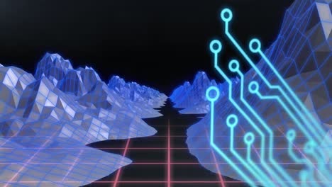 animation of computer circuit board over digital mountains on black background