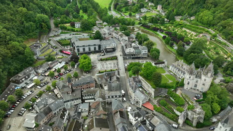 top view over city of durbuy in belgium and its castle on ourthe river bank