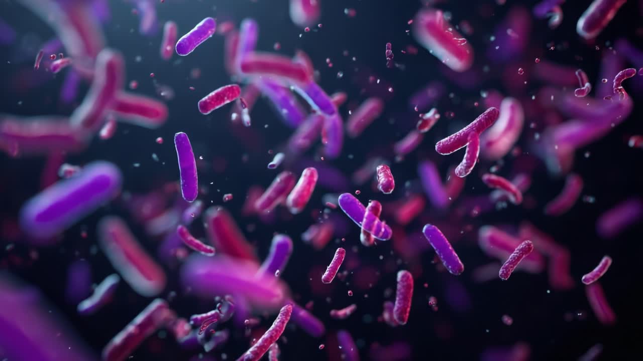 Visualizzazione dinamica di batteri in movimento: uno sguardo affascinante alla vita microbica in un'atmosfera scura con colori vivaci e strutture complesse