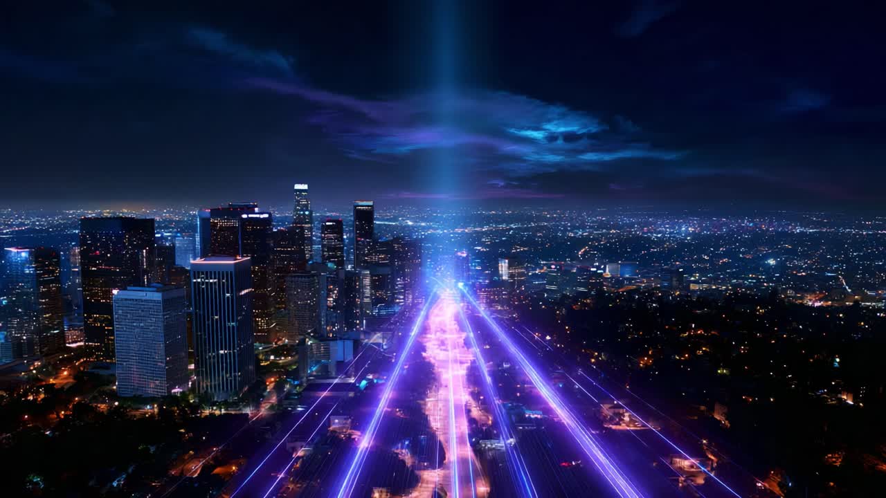 A Stunning Aerial View of City Lights Illuminating the Night Sky, Featuring Radiant Beams of Light Spanning Through the Skyline and Creating a Dramatic Atmospheric Effect Over a Vibrant Urban Landscape