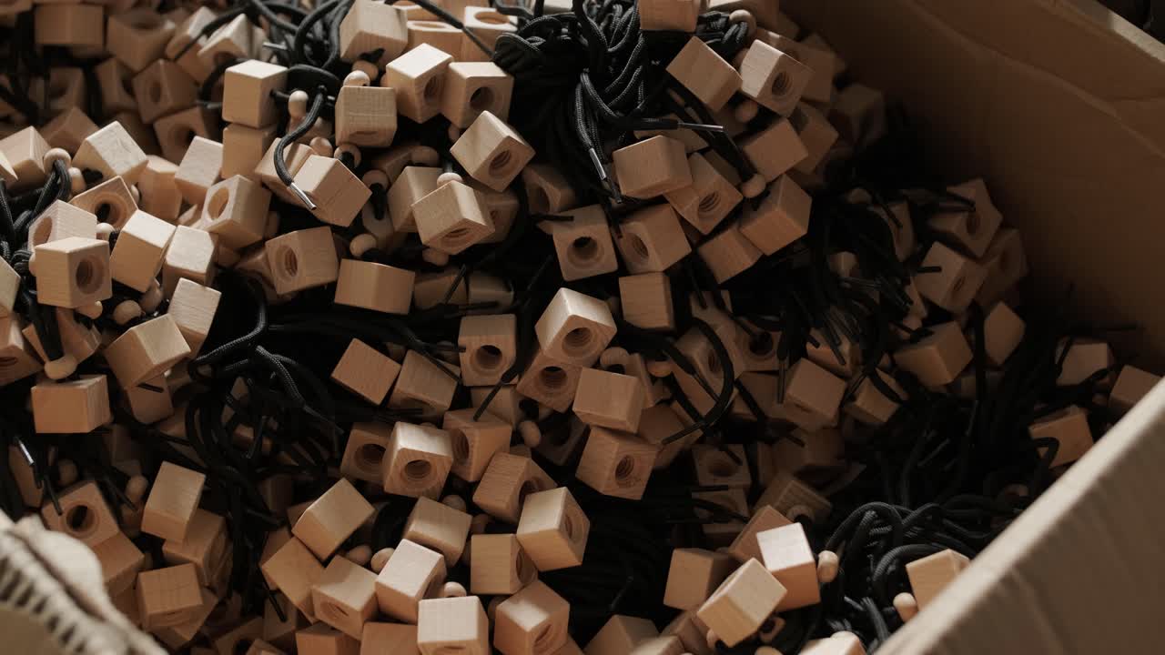 Pile of Wooden Cubes with Black Cords