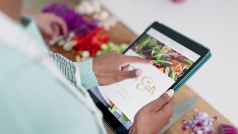 tablet, hands and online recipe for food website