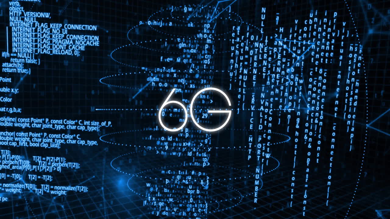 Glowing 6G symbol floating above 3D grid, animated illustration streaming code and signal rings