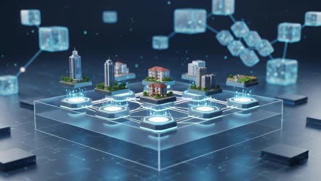 digital urban landscape showcasing 3d models of various buildings and structures connected to a network in a futuristic setting