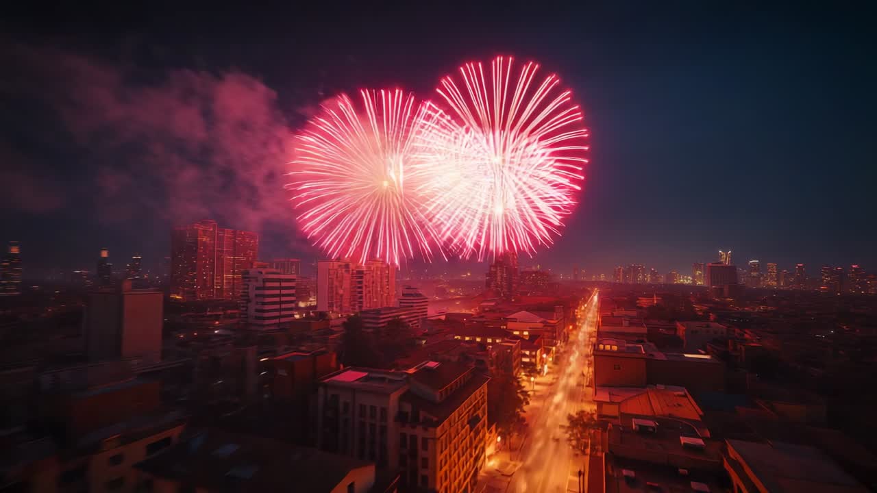 Launching pink-red shells ascending and bursting over city avenue, creating smoke haze