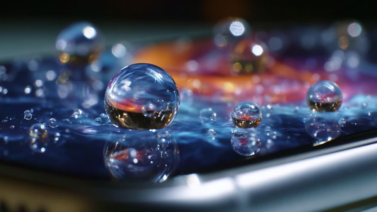 Close-up of a smartphone with droplets reflecting colorful light and swirling patterns, showcasing vibrant colors and enhancing details of the device's surface