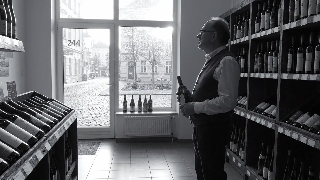Un uomo che contempla le sue scelte in un'enoteca, circondato da una varietà di bottiglie sugli scaffali, illuminato dalla luce naturale che filtra da una grande finestra