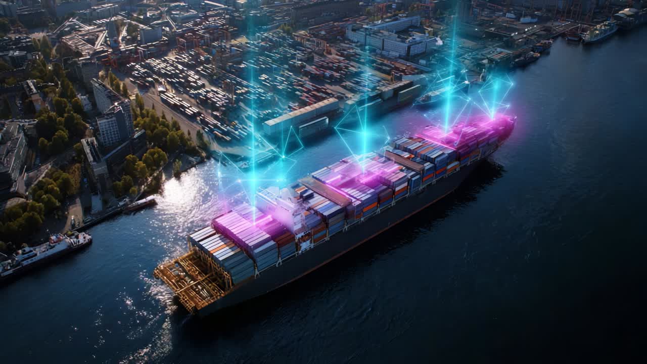 Aerial View of a Cargo Ship Navigating Through a Port with Futuristic Data Visualizations Projected Above, Representing Advanced Technology and Connectivity in Maritime Logistics