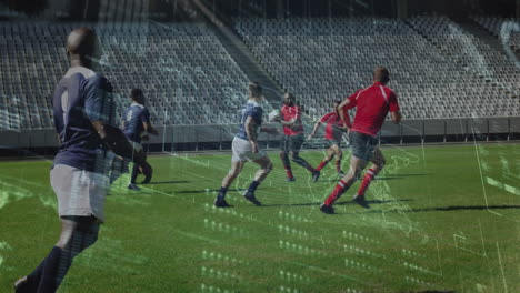 animation of data processing over rugby match in sports stadium