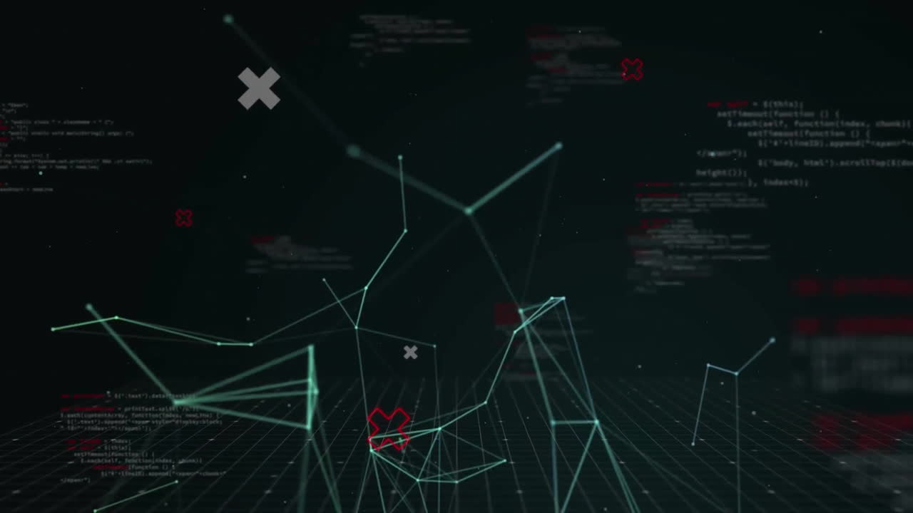 Animation of data processing and white shapes on black background